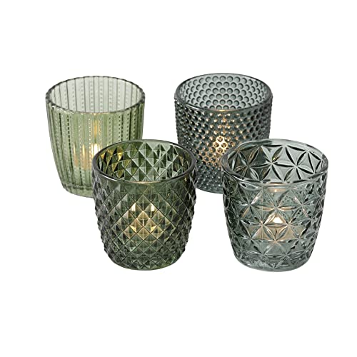 Seaside No.64 - Windlicht-Set 4 teilig aus Glas 7,5 x 7,5cm - Teelichthalter für Romantisches Ambiente - Kerzenständer mit verschiedenen Designs - Retro Kristall Ornamente - (Grün/Grau Mix, Set) von Seaside No.64