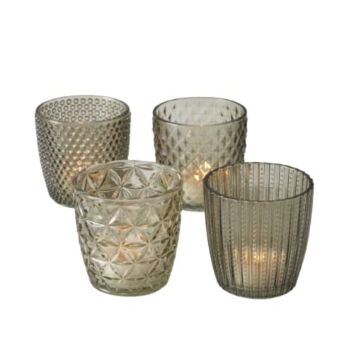 Seaside No.64 - Windlicht-Set 4 teilig aus Glas 7,5 x 7,5cm - Teelichthalter für Romantisches Ambiente - Kerzenständer mit verschiedenen Designs - Retro Kristall Ornamente - (Hellgrün, Set) von Seaside No.64