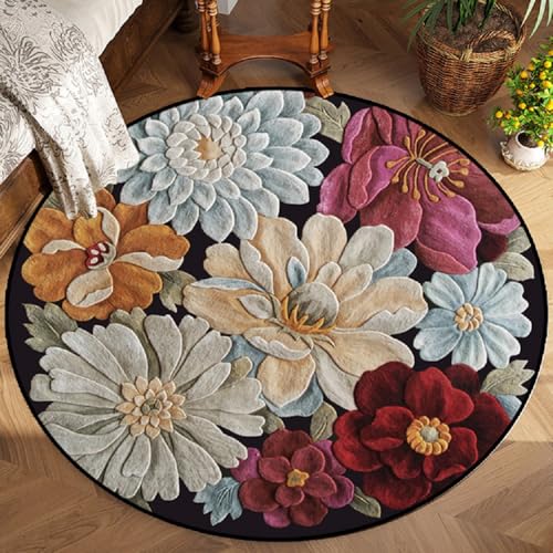 Sedefen Kurzflor Teppich Rund 120 cm Bunt Blumen Muster Terrassen Teppich Dekorative Wohnzimmer Schlafzimmer Vintage Teppich Läufer Indische Boho,Anti-Rutsch Unterseite,Felloptik von Sedefen