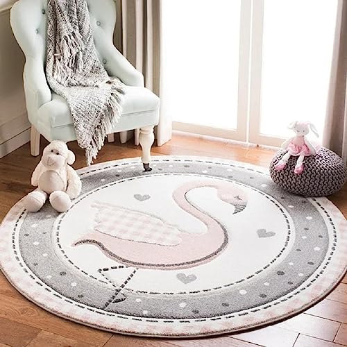 Sedefen Teppich Rund 100cm Kinderzimmer Mädchen Jungen Flamingo Rosa Grau Weiß Kinderteppich Waschmaschinenfest rutschfest Flauschig Teppich für Schlafzimmer Wohnzimmer von Sedefen