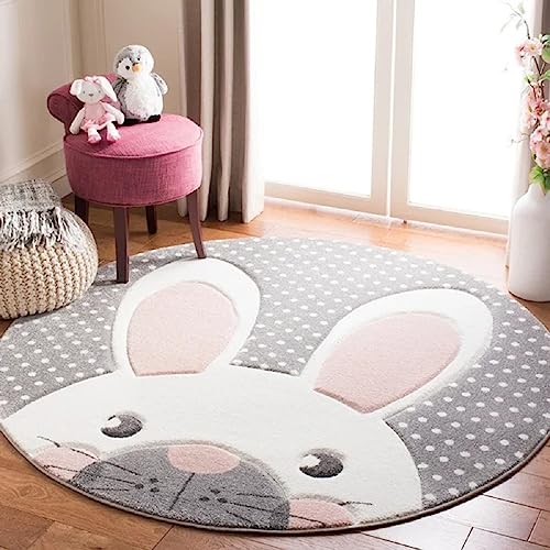 Sedefen Teppich Rund 100cm Kinderzimmer Mädchen Rosa Grau Hasen Motive Kinderteppich Waschmaschinenfest rutschfest Flauschig Teppich für Schlafzimmer Wohnzimmer von Sedefen