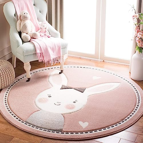 Sedefen Teppich Rund 100cm Kinderzimmer Mädchen Rosa Hasen Motive Kinderteppich Waschmaschinenfest rutschfest Flauschig Teppich für Schlafzimmer Wohnzimmer von Sedefen