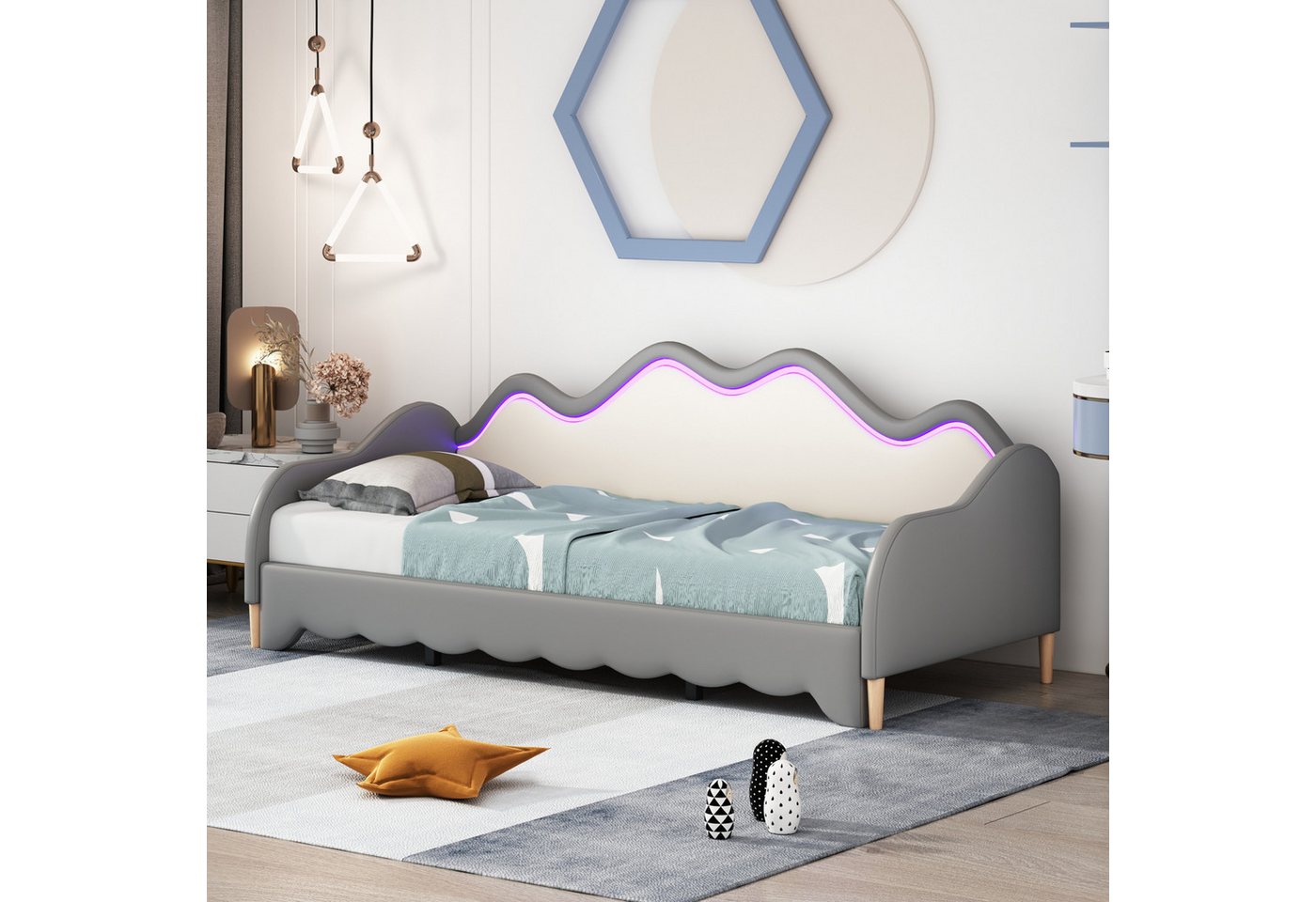 SeedWave Bettgestell 2-in-1 Multifunktionales Sofa-Bett, 90(180)x190 cm Kinderbett mit LED, Kunstleder-Polsterbett mit Lattenrost von SeedWave