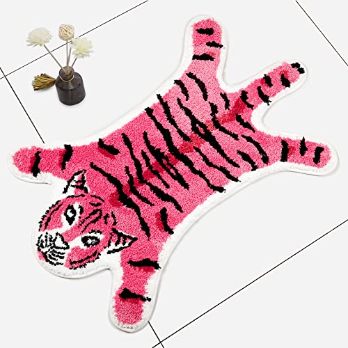 Tigerförmiger Teppich Badematte rosa Tiger Badezimmerteppich rutschfeste Fußmatte Tiere bedruckter Teppich kleine Heimdekoration Matte Spielmatte Badezimmer Duschteppich, 85,1 x 55,9 cm von Seek4comfortable