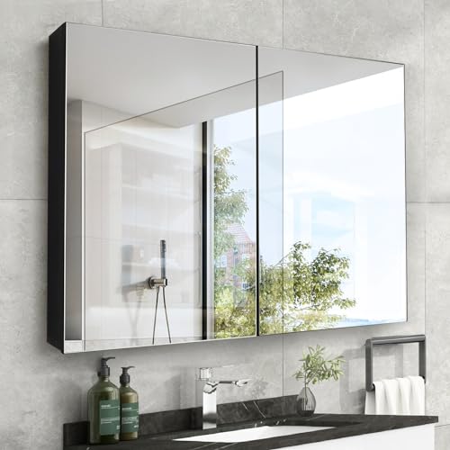 Seenvlog Bathroom Medicine Cabinet with Mirror, 80cm*60cm 2 Doors Mirror Medicine Cabinet Black Aluminum Wall Mounted Mirror Cabinet for Bathroom Organizer Waterproof…… von Seenvlog