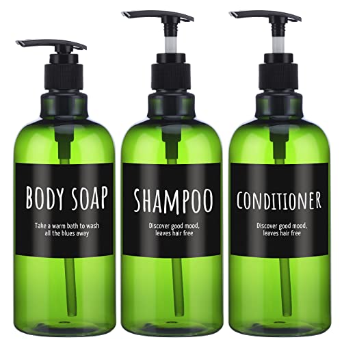 Segbeauty 16.9oz Shampoospender, 3 Stück Grüne Shampoo-Flaschen mit Etiketten, Pumpspender für Badezimmerdusche, 500 ml Leere nachfüllbare Kunststoff-Pressflasche von Segbeauty