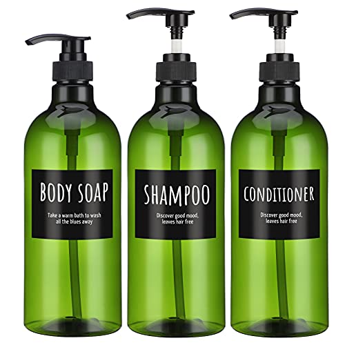 Segbeauty 33.8oz Leere Shampoo-Flaschen mit Dusche, 3pcs 1000ml Pumpflaschen für Shampoo und Spülung, Flüssigseifenspender für Körperseife Shampoo-Conditioner, Grüner Plastikpressespender von Segbeauty