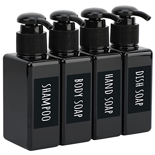 Segbeauty Lotion Dispenser Quadratisch, 4 Stück 100ml Schwarz Seifenspender Set mit Handgeschriebene Etiketten für Shampoo Duschgel Soap Flüssigseife, Nachfüllbar Kunststoff Pumpflaschen für Küche Bad von Segbeauty