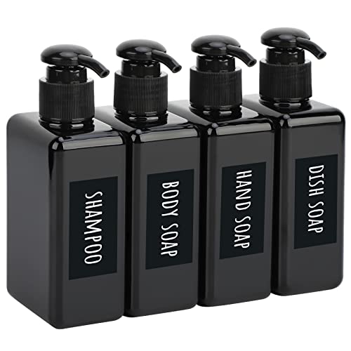 Segbeauty Lotion Dispenser Quadratisch, 4 Stück 200ml Schwarz Seifenspender Set mit Handgeschriebene Etiketten für Shampoo Duschgel Soap Flüssigseife, Nachfüllbar Kunststoff Pumpflaschen für Küche Bad von Segbeauty