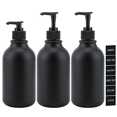 Segbeauty Matt Dispenser, 3 Stück 500ml Schwarz Seifenspender Set für Lotion Shampoo Duschgel, Spülmittelspender zum Befüllen mit Etiketten, Nachfüllbar Plastikflasche für Küche Bad -Runddüse von Segbeauty