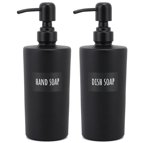 Segbeauty Seifenspender Schwarz, 2 Stück 450ml Seifenspender Glas, Shampoo Flaschen zum Befüllen, Seifenspender Set mit Etiketten, Pumpflasche Glas für Badezimmer, Küche von Segbeauty