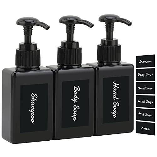 Segus Pumpflasche 100ml mit Selbstbedienungsetikett, 3 Stück Quadratische kleine Seifenspender für Bad Fitnessdusche, Reiseportabilität Rechteckige Plastikflaschen zum Befüllen 100ml, Schwarz von Segus