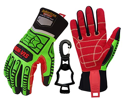 Seibertron HIGH-VIS HDC5 Level 5 Cut Resistant Deckhand Gloves High Performance Protection Impact Resistant Oil and Gas Safety Gloves CE EN388 4543 L mit 1 schwarzen Handschuhclip von Seibertron