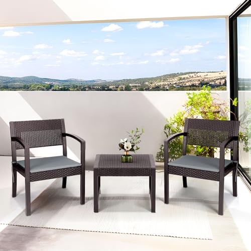 Sekey Balkonmöbel Set, 3 Teilig Gartenmöbel-Set aus PE-Polyrattan Wetterfest, Tisch und 2 Stühle mit Sitzkissen, Sitzgruppe Lounge Set, Terrassenmöbel für Terrasse, Balkon, Garten, Braun-Grau von Sekey