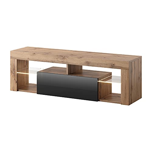 Selsey BIANKO – TV-Lowboard/TV-Schrank in Holz-Optik Nuss Caravaggio mit Klappe in Schwarz Hochglanz mit LED - 140cm von Selsey