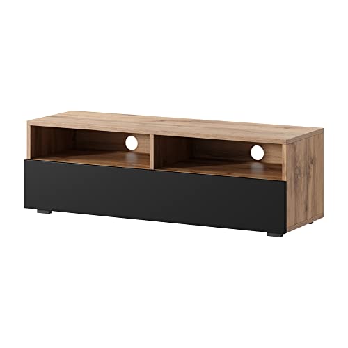 Selsey REDNAW - TV-Schrank/modernes TV-Board für Wohnzimmer, stehend/hängend, 100 cm breit (Wotan Eiche Matt/Schwarz Hochglanz ohne LED) von Selsey