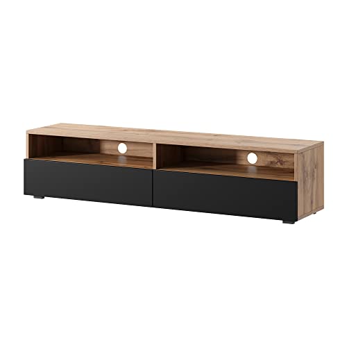 Selsey REDNAW - TV-Schrank/modernes TV-Board für Wohnzimmer, stehend/hängend, 140 cm breit (Wotan Eiche Matt/Schwarz Hochglanz ohne LED) von Selsey