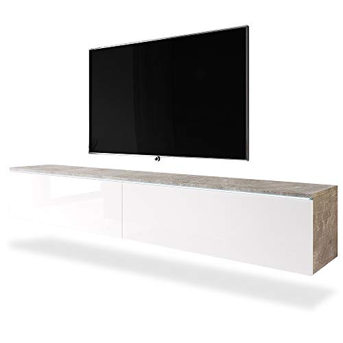 Selsey KANE – TV-Lowboard hängend/stehend Betonoptik/Weiß Hochglanz mit LED, 180 cm von Selsey