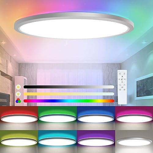 Sentasi 24W LED Deckenleuchte Dimmbar mit Fernbedienung,RGB-Hintergrundbeleuchtung 7 Farbwechsel,3200LM 3000K/4000K/6500K Ultra Dünn Wohnzimmer Deckenleuchte für Schlafzimmer/Wohnzimmer/Küche von Sentasi