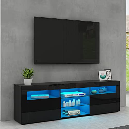 1600mm LED TV Schrank TV Lowboard Modernes Hochglanz TV Ständer Aufbewahrungselement mit 2 Türen & Glasböden Sideboard für Wohnzimmer Schlafzimmer Möbel, Schwarz von Senvoziii