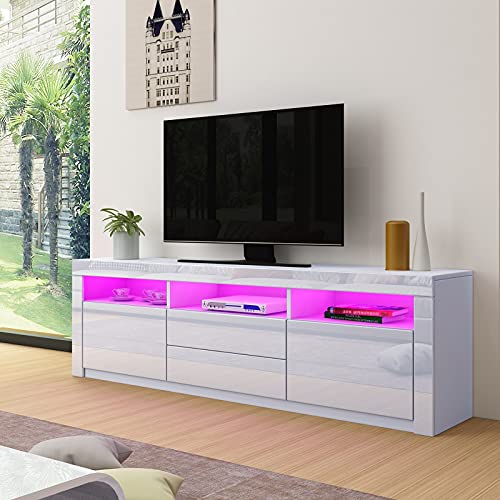LED TV Schrank Modernes Hochglanz TV Board mit 2 Türen & 2 Schubladen Fernsehschrank für Wohnzimmer Schlafzimmer Möbel, Weiß, 160 x 35 x 60 cm von Senvoziii