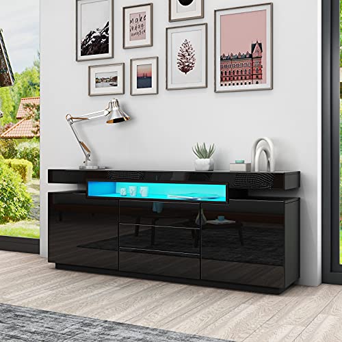 Senvoziii Schwarz Sideboard Schrank Matt Body & Hochglanz TV Lowboard LED Beleuchtung Kommode mit 2 Türen 3 Schubladen 160cm für Wohnzimmer Esszimmer von Senvoziii