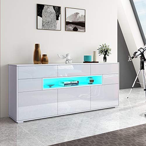 Senvoziii Sideboard Kommode 3 Türen 5 Schubladen mit LED Vitrine Wohnzimmer Hochglanz Buffetschrank Anrichte für Küche Esszimmer Wohnzimmer Weiß von Senvoziii