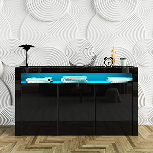 Senvoziii Sideboard Kommode 3 Türen Hochglanz Front mit LED Beleuchtung TV Lowboard Für Esszimmer Wohnzimmer Möbel 152x97x35cm Schwarz von Senvoziii