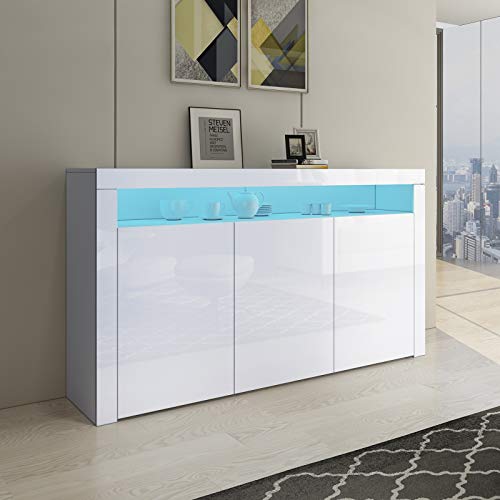 Senvoziii Sideboard Kommode 3 Türen Hochglanz Front mit LED Beleuchtung TV Lowboard Für Esszimmer Wohnzimmer Möbel 152x97x35cm Weiß von Senvoziii