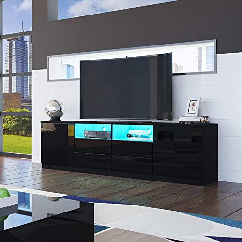 Senvoziii TV Lowboard Fernsehschrank in Hochglanz Schwarz TV Schrank mit LED-Beleuchtung Sideboard 2 Türen 4 Schubladen für Wohnzimmer 180 x 35 x 51 cm von Senvoziii