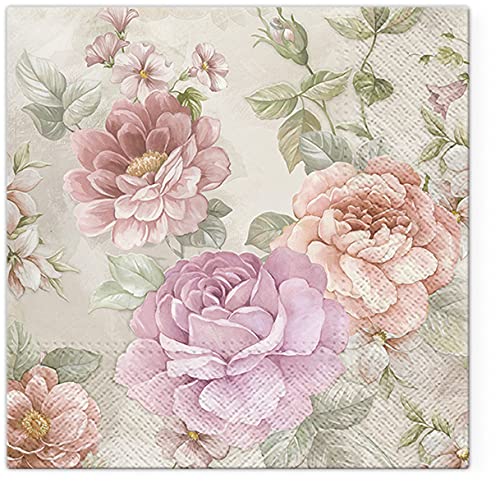 20 Servietten Memory of Summer - Dezente Vintage Rosen33x33cm von Servietten Blumen