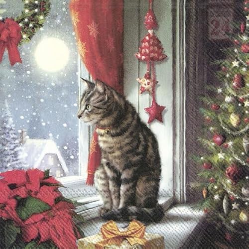 20 Servietten Katze am Fenster als Tischdeko für den Winter und Weihnachten 33x33cm von Servietten Weihnachten