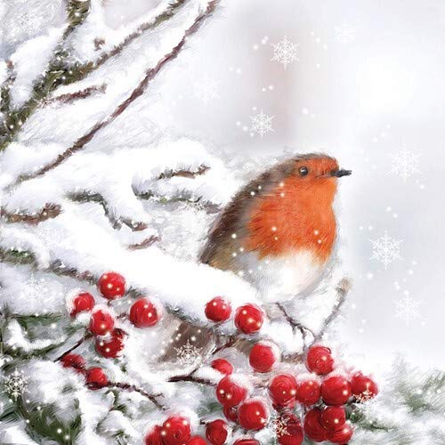 20 Servietten Kleiner Vogel in Winterzweige als Tischdeko für Tierliebhaber im Winter 33x33cm von Servietten Weihnachten