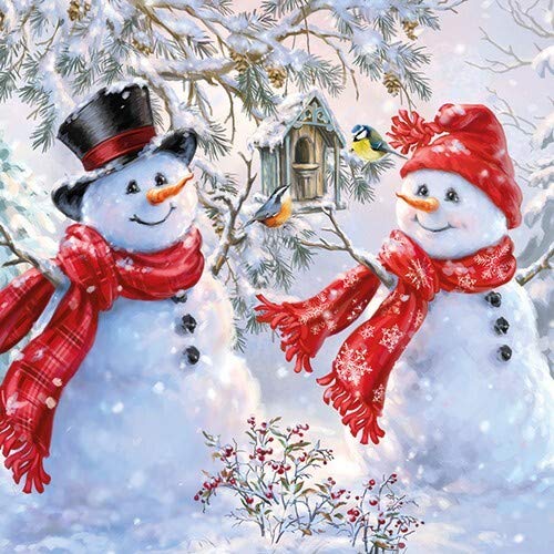 20 Servietten Schneemänner am Vogelhaus als Tischdeko für Winter und Weihnachten 33x33cm von Servietten Weihnachten