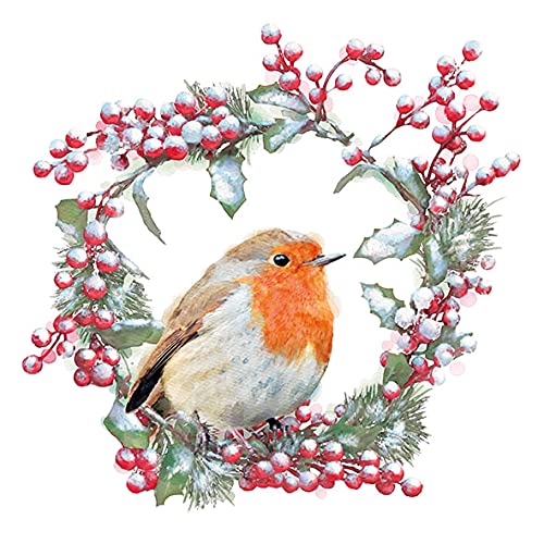 20 Servietten Vogel im Kranz voller Beeren | Tiere | Winter | Weihnachten | Tischdeko 33x33cm von Servietten Weihnachten
