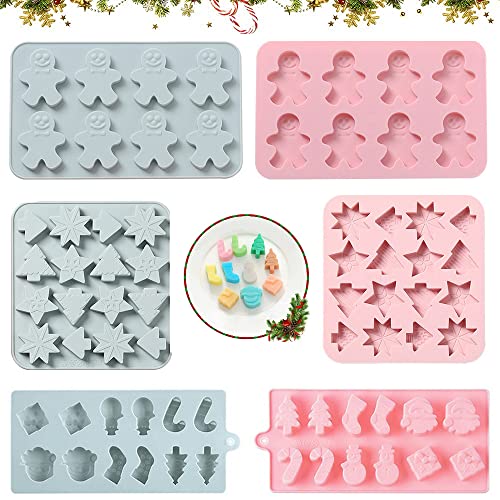Seully 6 Stück Weihnachten Silikonform,DIY Schokolade Backform,Lebkuchenmann/Weihnachtsschneemann/Weihnachtsbaum, handgemachte Süßigkeiten (Grün, Pink) von Seully