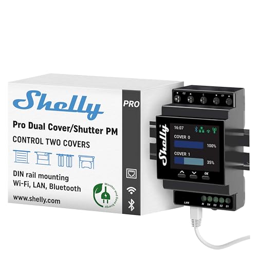 Shelly Pro Dual Cover/Shutter PM | Lan-, Wi-Fi- und Bluetooth-Verbindung, Professioneller DIN-Schienen Smart Dual Cover/Shutter Controller mit 2 Abdeckungen zu je 16 A | Hausautomation von Shelly