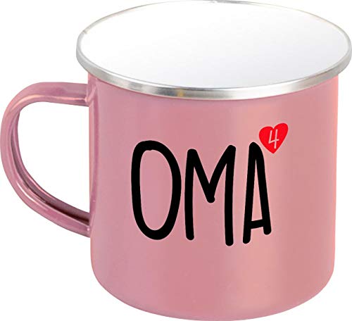 Emaillebecher, Oma hoch 4, vierfache Oma, Familie Verwandschaft, Liebe, Freude, Dankbarkeit, Emaille Tasse, Kaffee Becher Mug, rosa von ShirtInStyle