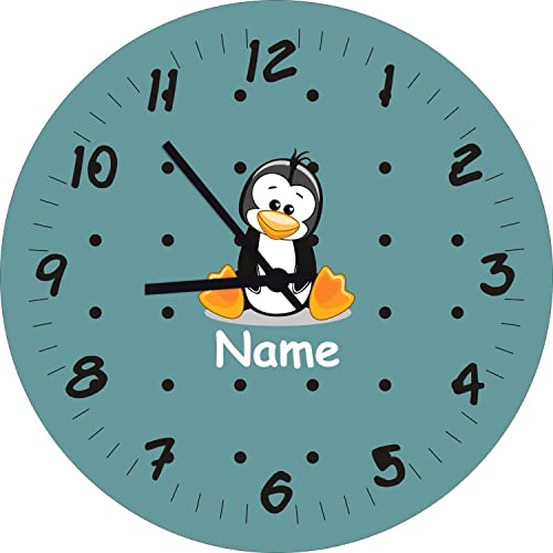 ShirtInStyle Kinderzimmeruhr mit Tiermotiv Pinguin mit Wunschnamen Geschenk Uhr Kinder Handmade Wanduhr Wunschtext Name, 20cm, Ozeangreen von ShirtInStyle