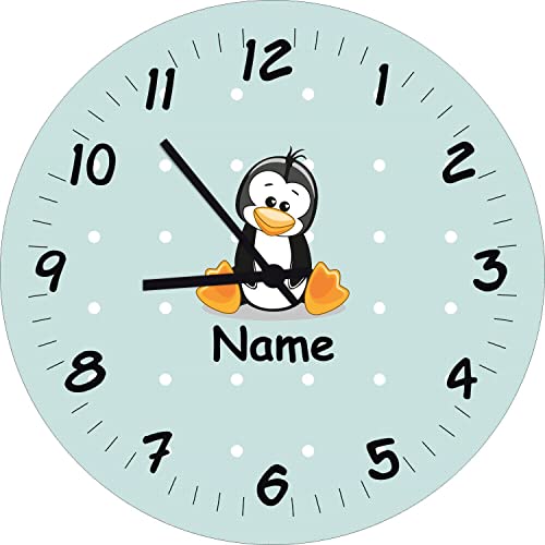 ShirtInStyle Kinderzimmeruhr mit Tiermotiv Pinguin mit Wunschnamen Geschenk Uhr Kinder Handmade Wanduhr Wunschtext Name, 20cm, Pastellmint von ShirtInStyle