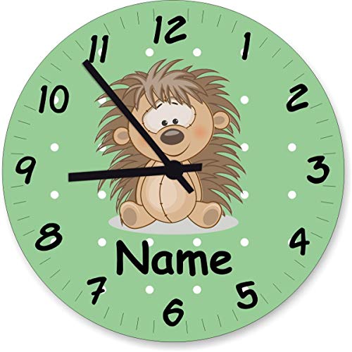 ShirtInStyle Wanduhr Kinderzimmer Wanduhr Igel mit Wunschnamen Geschenk Uhr Kinder Handmade, 20cm, Pastellbgrün von ShirtInStyle