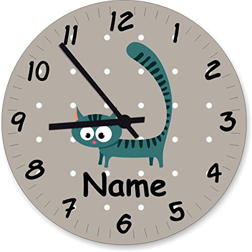 ShirtInStyle Wanduhr Kinderzimmer Wanduhr Katze Kater mit Wunschnamen Geschenk Uhr Kinder Handmade, 20cm, Pastellbeige von ShirtInStyle