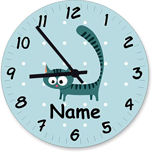 ShirtInStyle Wanduhr Kinderzimmer Wanduhr Katze Kater mit Wunschnamen Geschenk Uhr Kinder Handmade, 20cm, Pastellblau von ShirtInStyle