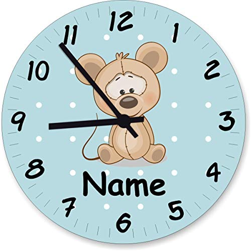 ShirtInStyle Wanduhr Kinderzimmer Wanduhr Maus mit Wunschnamen Geschenk Uhr Kinder Handmade, 20cm, Pastellblau von ShirtInStyle