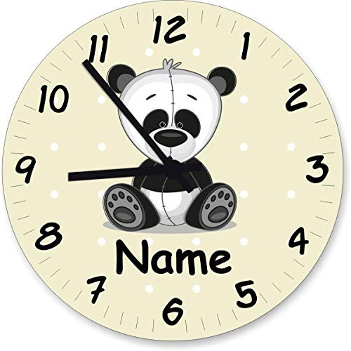 ShirtInStyle Wanduhr Kinderzimmer Wanduhr Panda Bär mit Wunschnamen Geschenk Uhr Kinder Handmade, 20cm, Pastellbgelb von ShirtInStyle