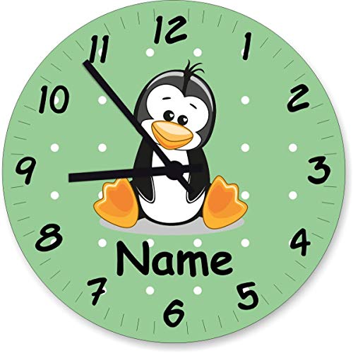 ShirtInStyle Wanduhr Kinderzimmer Wanduhr Pinguin mit Wunschnamen Geschenk Uhr Kinder Handmade, 20cm, Pastellbgrün von ShirtInStyle