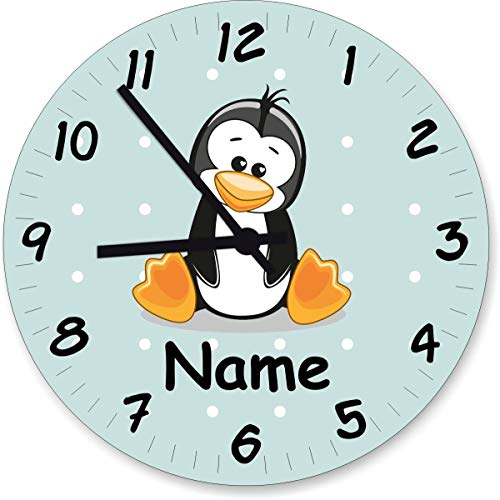 ShirtInStyle Wanduhr Kinderzimmer Wanduhr Pinguin mit Wunschnamen Geschenk Uhr Kinder Handmade, 20cm, Pastellmint von ShirtInStyle