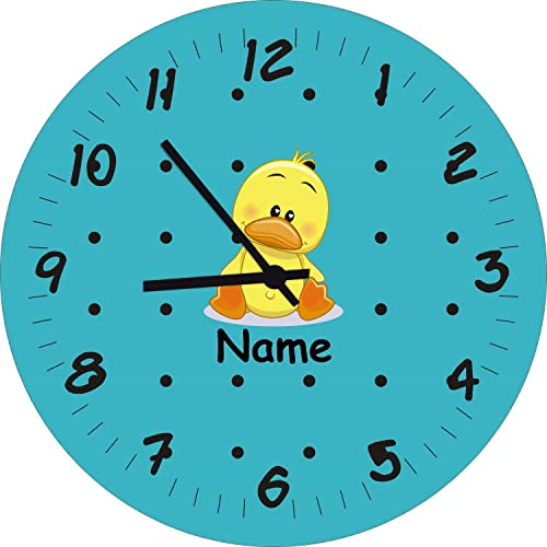 ShirtInStyle Kinderzimmeruhr mit Tiermotiv Ente mit Wunschnamen Geschenk Uhr Kinder Handmade Wanduhr Wunschtext Name, 20cm, Tuerkise von ShirtInStyle