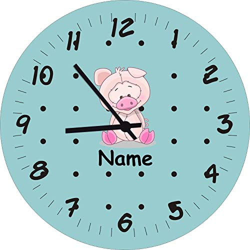 ShirtInStyle Kinderzimmeruhr mit Tiermotiv Schwein mit Wunschnamen Geschenk Uhr Kinder Handmade Wanduhr Wunschtext Name, 20cm, Blaugreen von ShirtInStyle