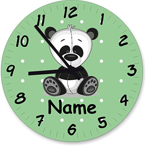 ShirtInStyle Wanduhr Kinderzimmer Wanduhr Panda Bär mit Wunschnamen Geschenk Uhr Kinder Handmade, 20cm, Pastellbgrün von ShirtInStyle